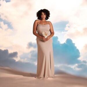 Birdy Grey Ash Crepe Bridesmaid Long Maxi Dress in Taupe Plus Size Curve 1X